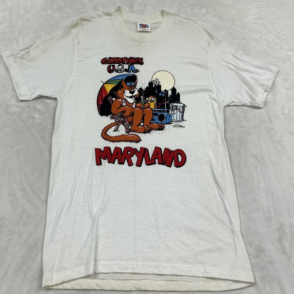 TNT Vintage Maryland Goodtimes USA T-Shirt Adult L White 80s Single Stitch Cat